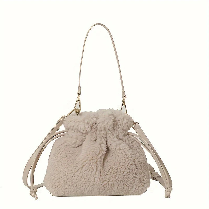 Fashionable Mini Plush Crossbody Bag Drawstring - Soft Fuzzy Bucket Women - Soft