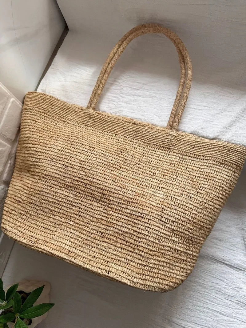 Summer Women S Raffia Hand Woven Tote Bag Simple Handbag Shoulder Perfect Vacation Beach Day Seaside