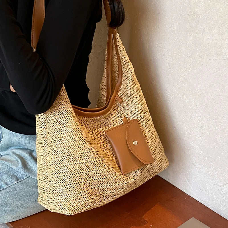 Women S Large Capacity Handmade Woven Tote Bag Commute Ins Style Vacation Beach Daily Travel