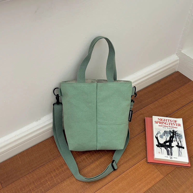 Canvas Tote Handbag Multi Pocket Casual Shoulder Bag Removable Crossbody Strap Solid Color Daily
