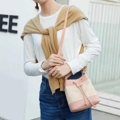 Faux Leather Straw Crossbody Bags Drawstring Closure