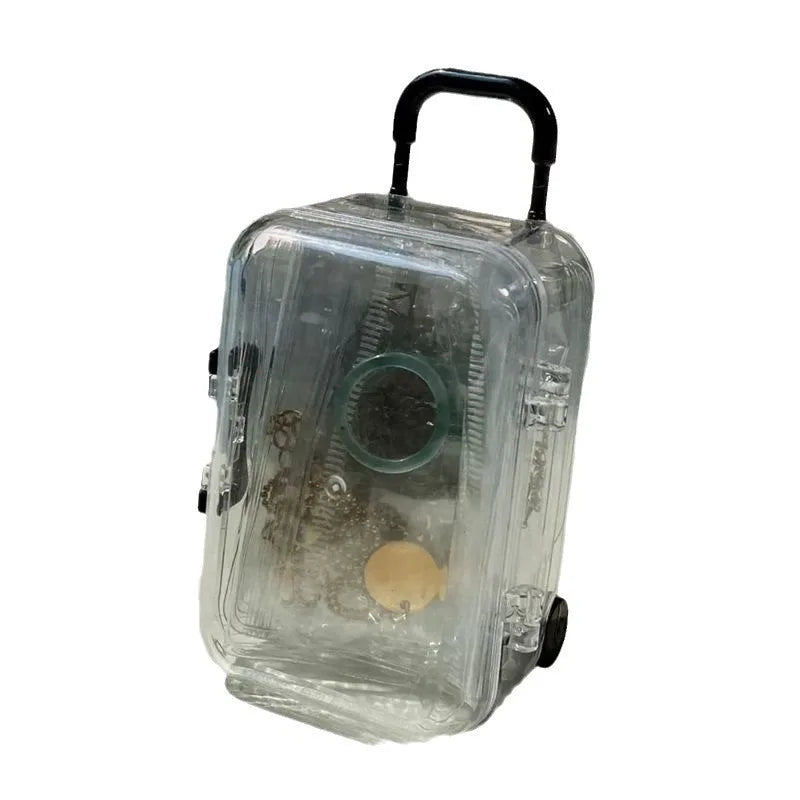 Mini Clear Trolley Jewelry Storage Box with Rolling Wheels