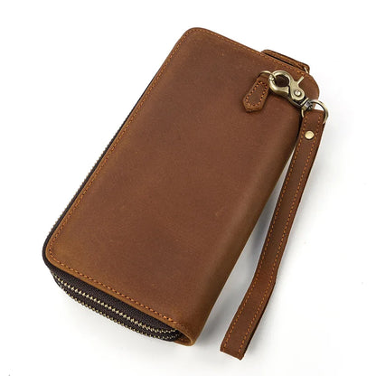 Men S Real Leather Long Wallet Crazy Horse Double Zipper Cowhinleather Hand Holding Extra Large