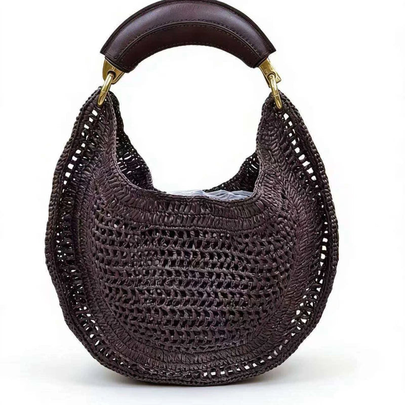 Popular Straw Crescent Bag Woven Tote Pu Leather Handle