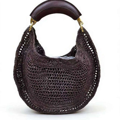 Popular Straw Crescent Bag Woven Tote Pu Leather Handle