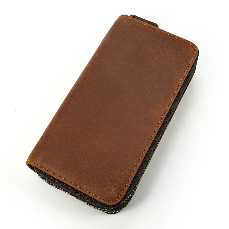 Men S Real Leather Long Wallet Crazy Horse Double Zipper Cowhinleather Hand Holding Extra Large