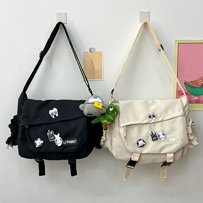 Kawaii Crossbody Messenger Bag with Badge Pins & Bear Pendant