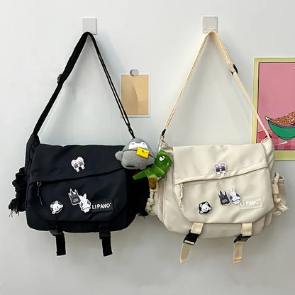 Kawaii Crossbody Messenger Bag with Badge Pins & Bear Pendant