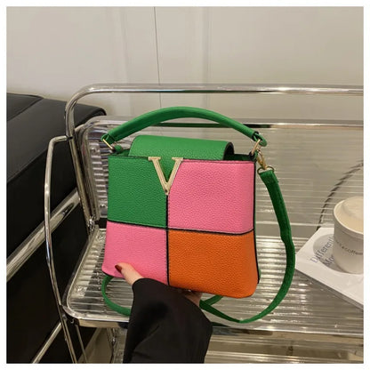 Colorblock Bucket Bag – Mini Crossbody Handbag with Gold V Accent