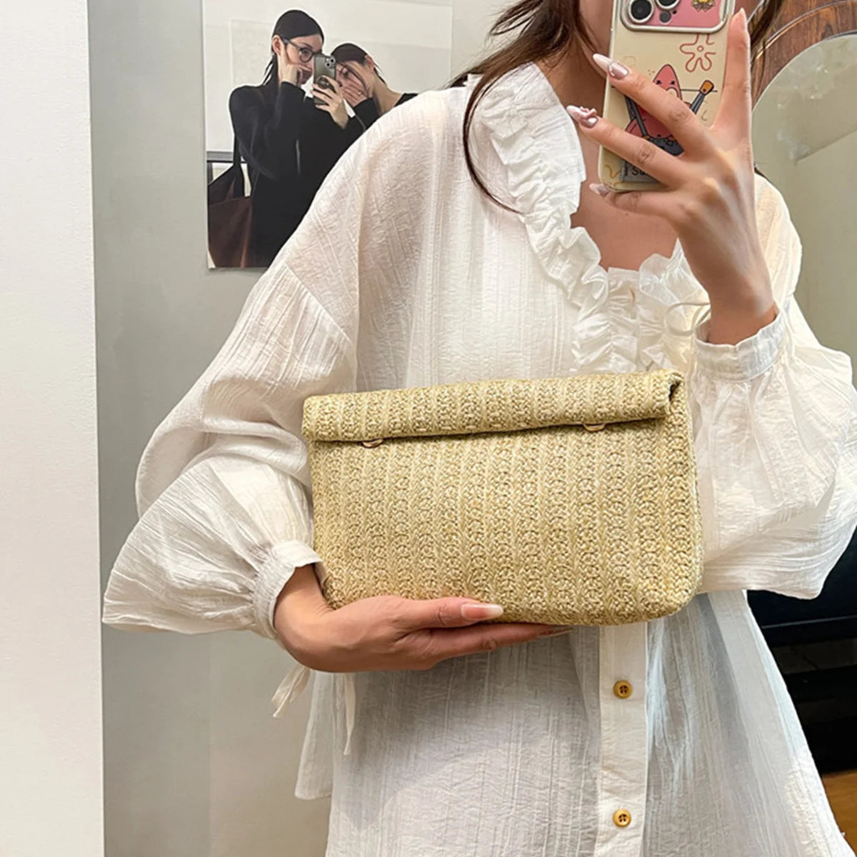 Vacation Wallet Solid Color Woven Straw Flip Bag Large Capacity Portable Handbag Daily Travel