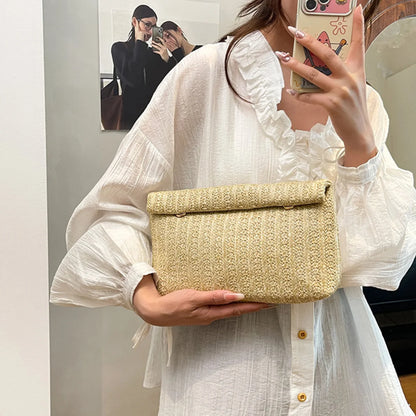 Vacation Wallet Solid Color Woven Straw Flip Bag Large Capacity Portable Handbag Daily Travel