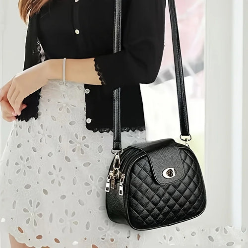 Black Crossbody Bag for Women – 3-Compartment Quilted Purse with Gold Hardware