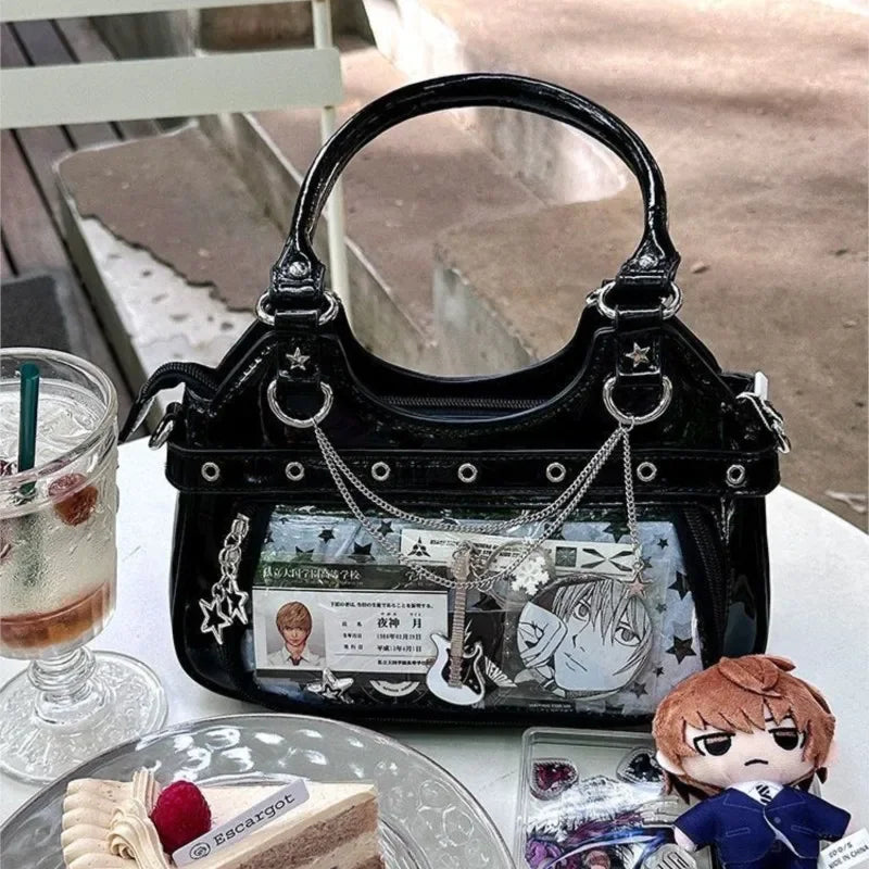 Y2K Ita Shoulder Bag – Transparent Pocket Underarm Handbag with Star & Cross Detail