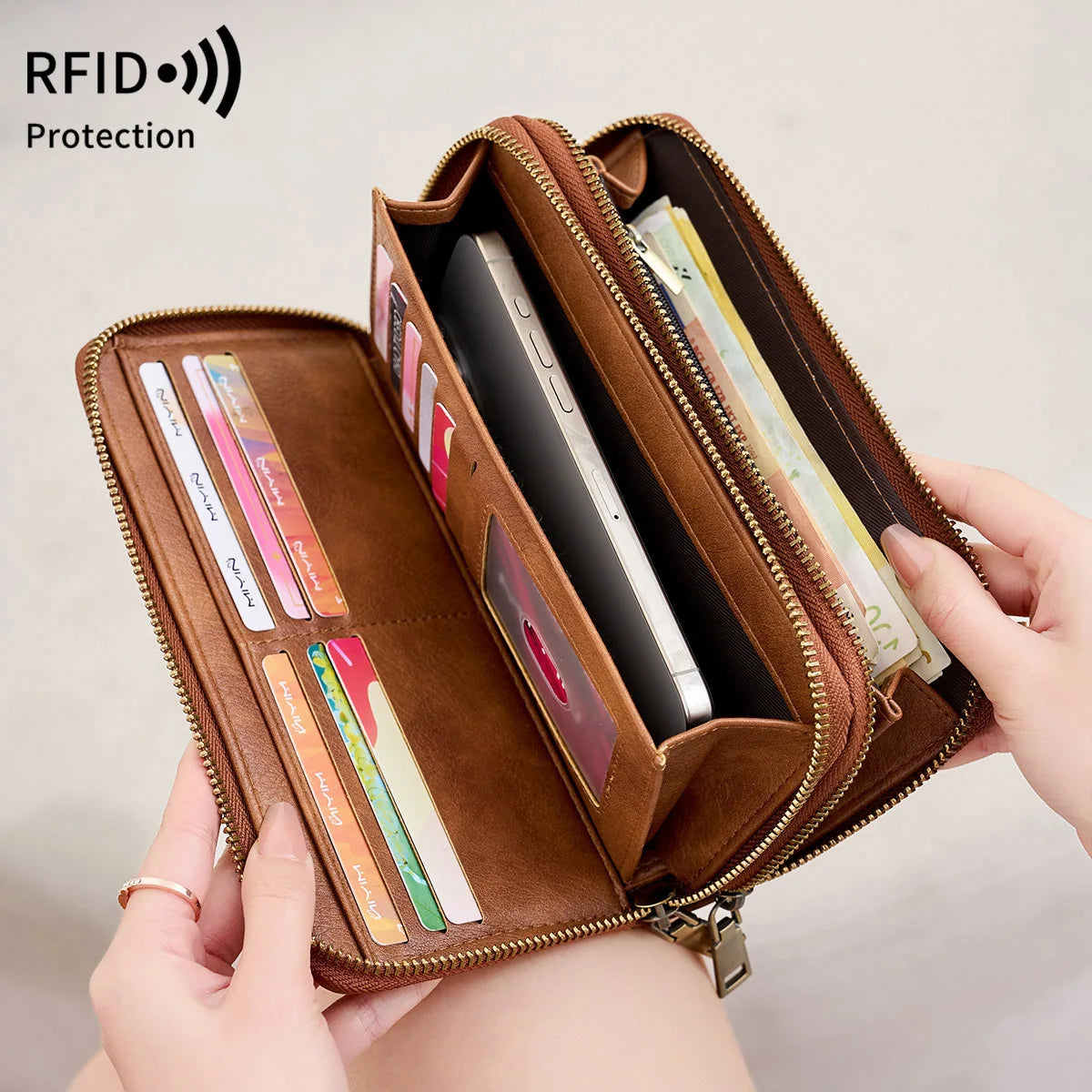 Rfid Anti-Theft Brush Ladies Purse Double Zipper Large Capacity Long Retro Hand