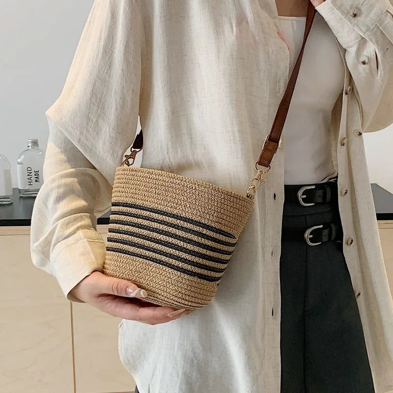 Women Straw Woven Crossbody Bags Striped Beach Shoulder Purse Leather Strap Casual Summer Chic