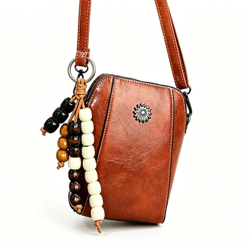 Crossbody Phone Bag – Vintage Faux Leather with Bohemian Beaded Keychain