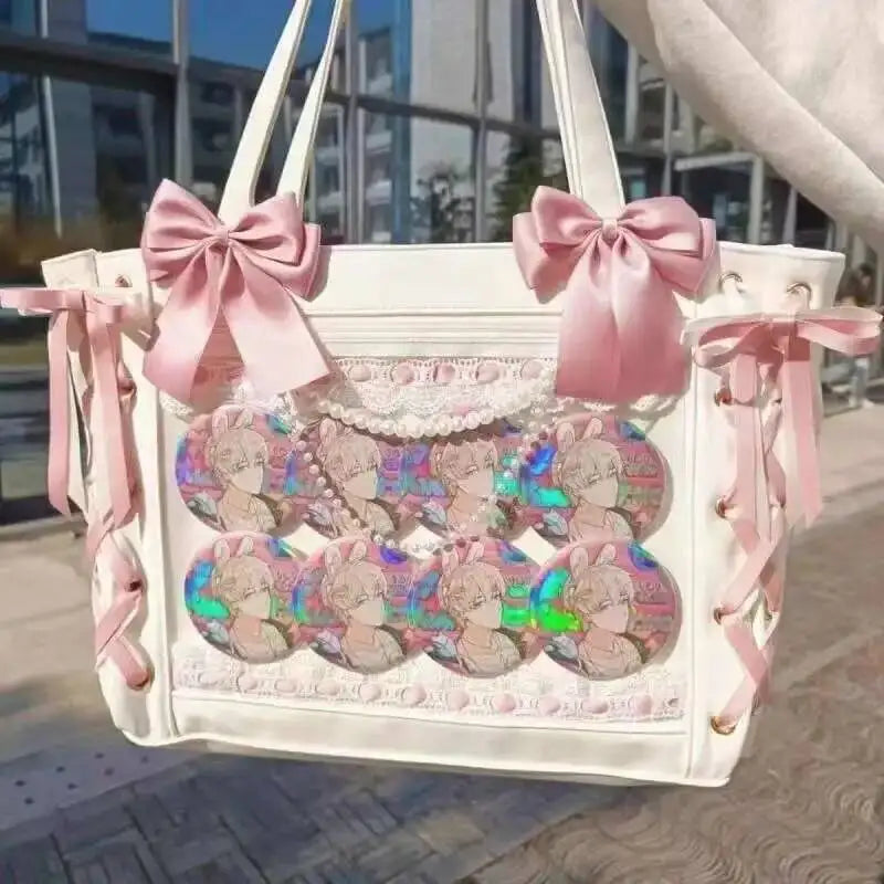 Japanese Sweet Women Ribbon Ita Bag Cute Lolita Girl Transparent Handbags Large Capacity Tote