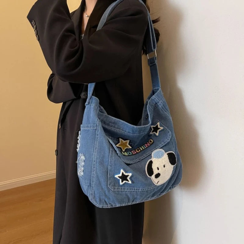 Cartoon Embroidered Denim Tote Bag – Crossbody Shoulder Bag