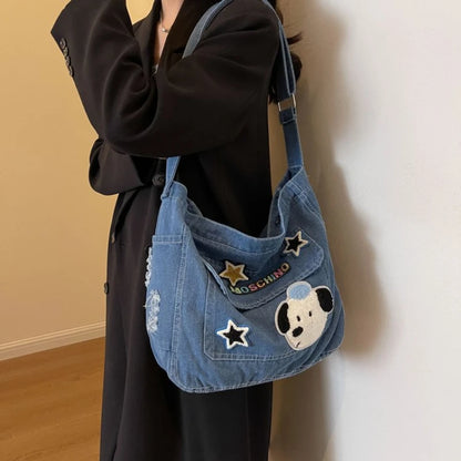 Cartoon Embroidered Denim Tote Bag – Crossbody Shoulder Bag