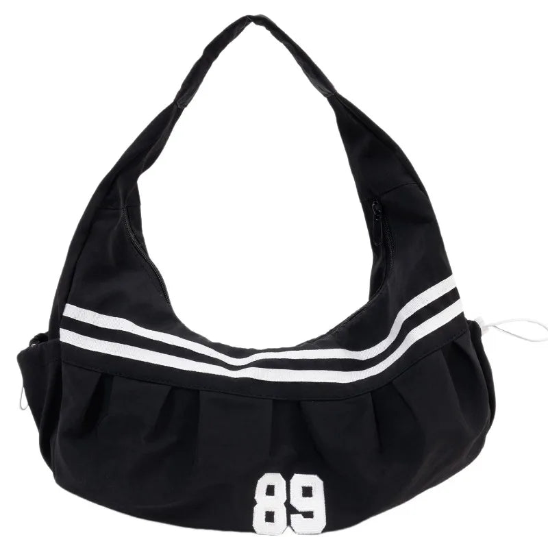 Sporty Nylon Shoulder Bag – Retro Stripe Number 89 Hobo Tote for Women