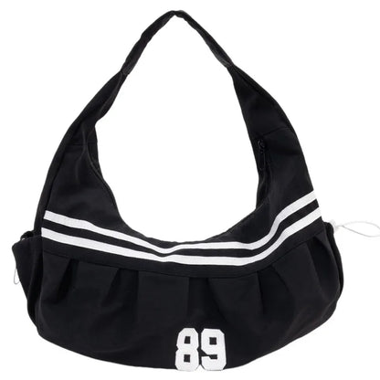 Sporty Nylon Shoulder Bag – Retro Stripe Number 89 Hobo Tote for Women