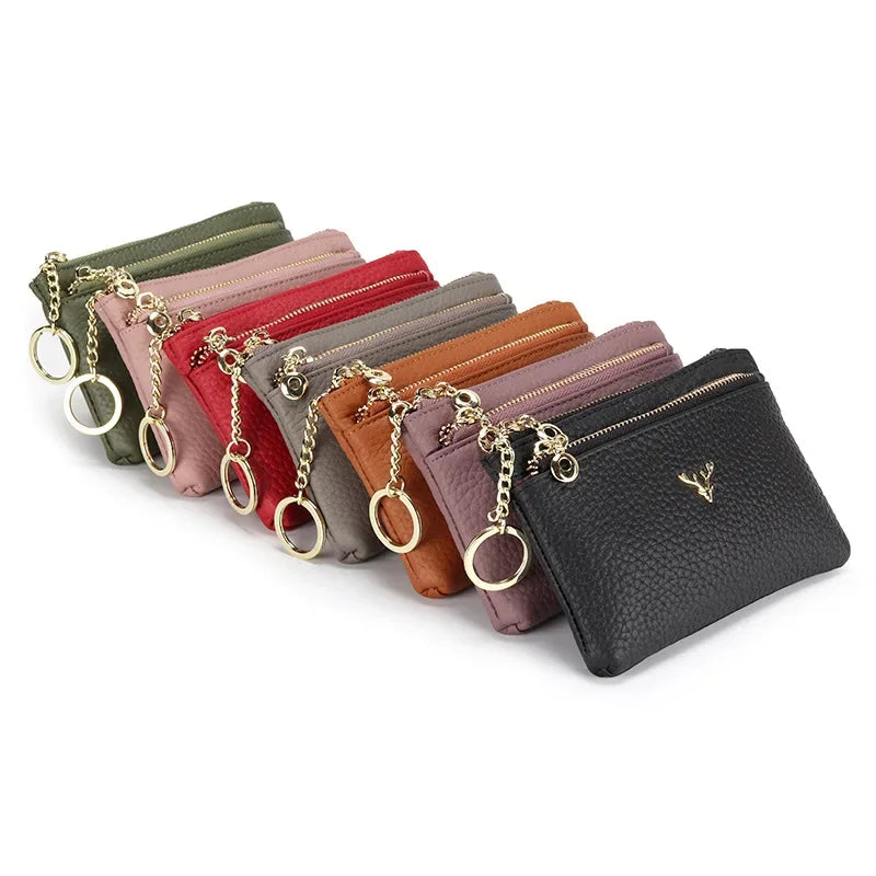 Cowhide Mini Coin Purse Multi-Function Key Bag Stylish Leather Premium Hardware Deer Head Zipper