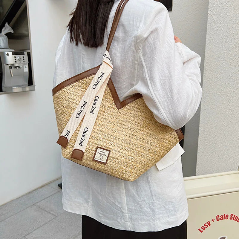 Stylish Straw Leather Tote Bag Ribbon Detail Spacious Perfect Handbag Shoulder Bags Summer Beach