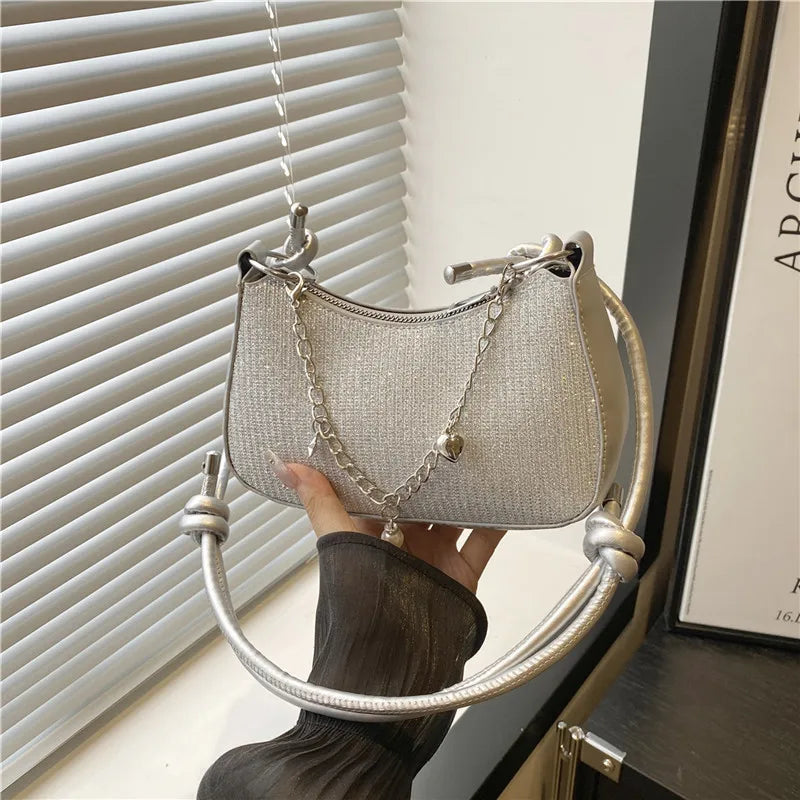Sparkly Half Moon Underarm Bag with Chain & Pearl Charm