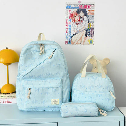 Elegant Sweet Bow Print Three Piece Backpack Set Nylon Lightweight Large Capacity Campus Commuting