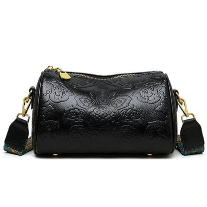 Retro Embossed Flower Leather Shoulder Bag Classic Cylinder Crossbody Bag Women Daily Use Party Work