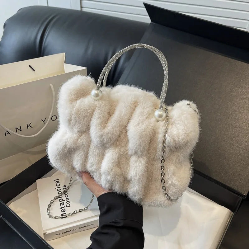 Faux Fur Crossbody Bag with Pearl Chain Strap