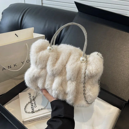Faux Fur Crossbody Bag with Pearl Chain Strap