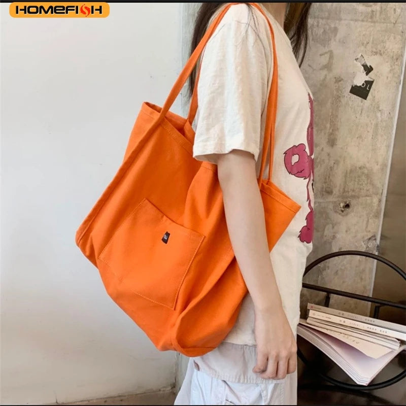 Homefish Canvas Tote Bag Women Simple Reusable Shopping Shoulder Handbag Daily Casual Use