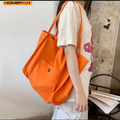 Homefish Canvas Tote Bag Women Simple Reusable Shopping Shoulder Handbag Daily Casual Use