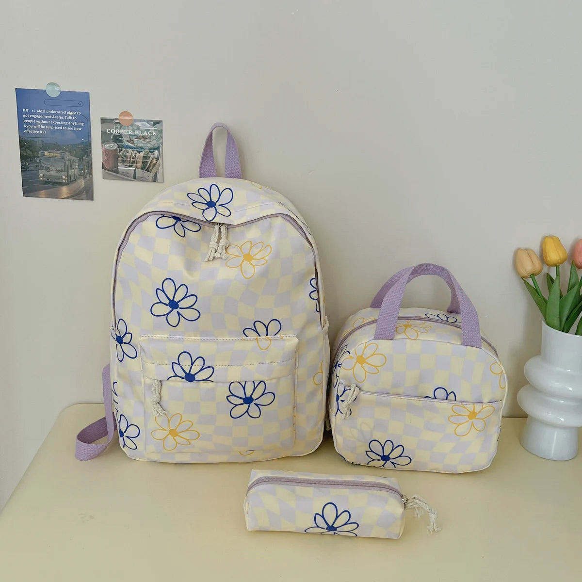 Dopamine Checkerboard Floral Print Three Piece Backpack Set Lightweight