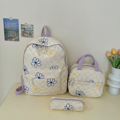 Dopamine Checkerboard Floral Print Three Piece Backpack Set Lightweight
