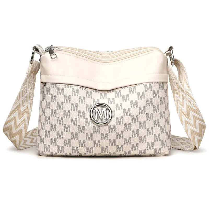 Letter Print Crossbody Bag – Triple Zipper Leather Shoulder Purse