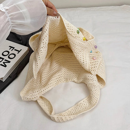Beach Knitted Openwork Women Shoulder Bag Colorful Pearl Tote Soft Material Large Capacity Versatile