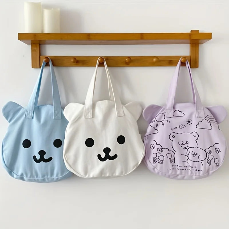 Cute Cartoon Bear Canvas Tote Bag Double-Sided Shoulder Bag Large Capacity Shopper Bag Women