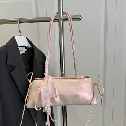 Faux Leather Shoulder Bag – Lace Ribbon Bow Tote Handbag