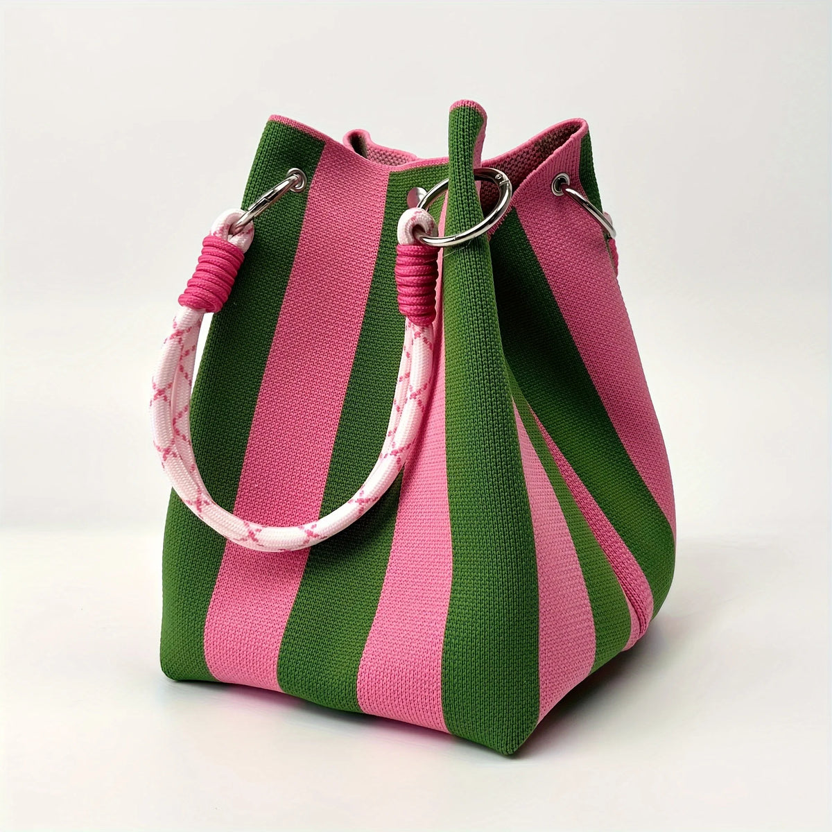 Women's Multicolor Bucket Bag – Striped Tote with Rope Handle