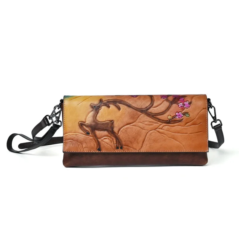 Top Layer Cowhide Crossbody Bag Retro Embossed Colored Retro Style Functional Single-Shoulder Bag