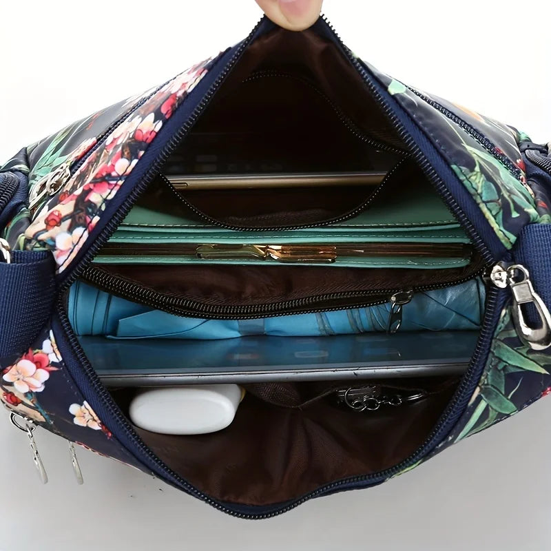 Floral Print Crossbody Bag Trendy Nylon Shoulder Bag Women S Multi Layer Messenger Bag Travel