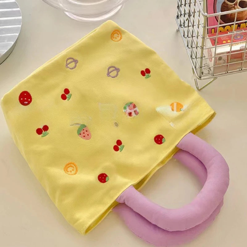 Cute Canvas Mini Handbag with Fruit & Bear Print