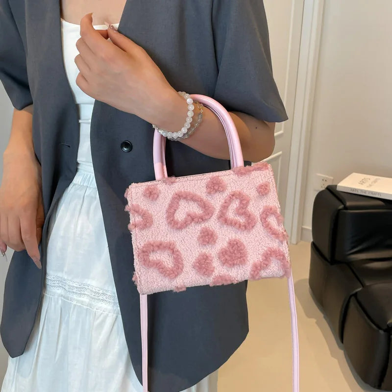 Cute Pink Heart Pattern Fuzzy Tote Bag Stylish Mini Top Handle Crossbody Purse