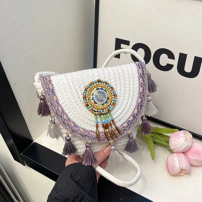 Bohemian Woven Crossbody Bag with Colorful Bead & Tassel