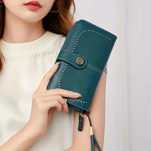 RFID Blocking Vintage Leather Wallet – Large Wristlet Clutch for Women