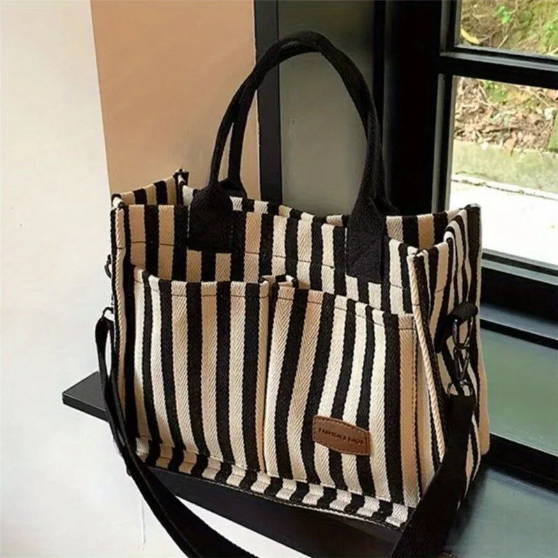 Large Capacity Women S Shoulder Bag Cool Street Handbag Trendy Striped Canvas Crossbody Bag