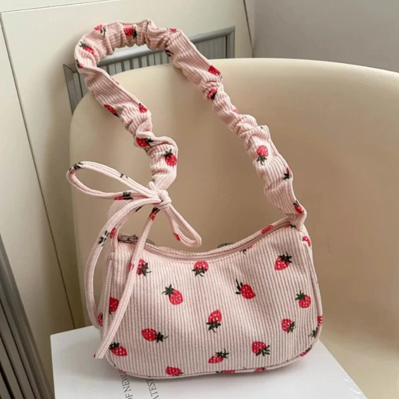 Corduroy Sweet Strawberry Crossbody Bag Cute Small Underarm Trendy Zipper Handbag Mini Shoulder Bags