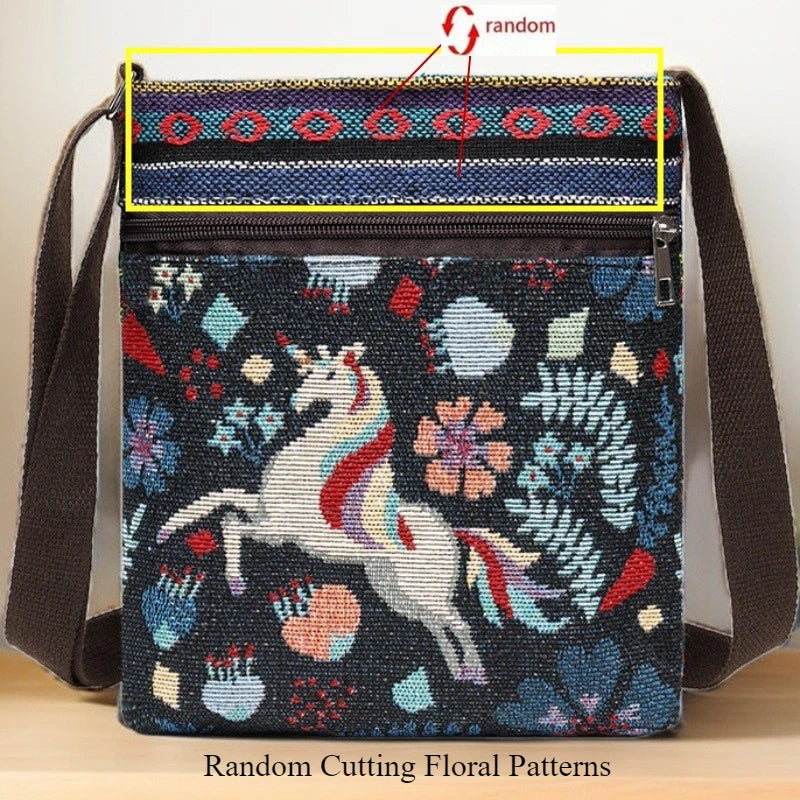 Embroidered Canvas Crossbody Bag – Cute Animal Print Shoulder Bag